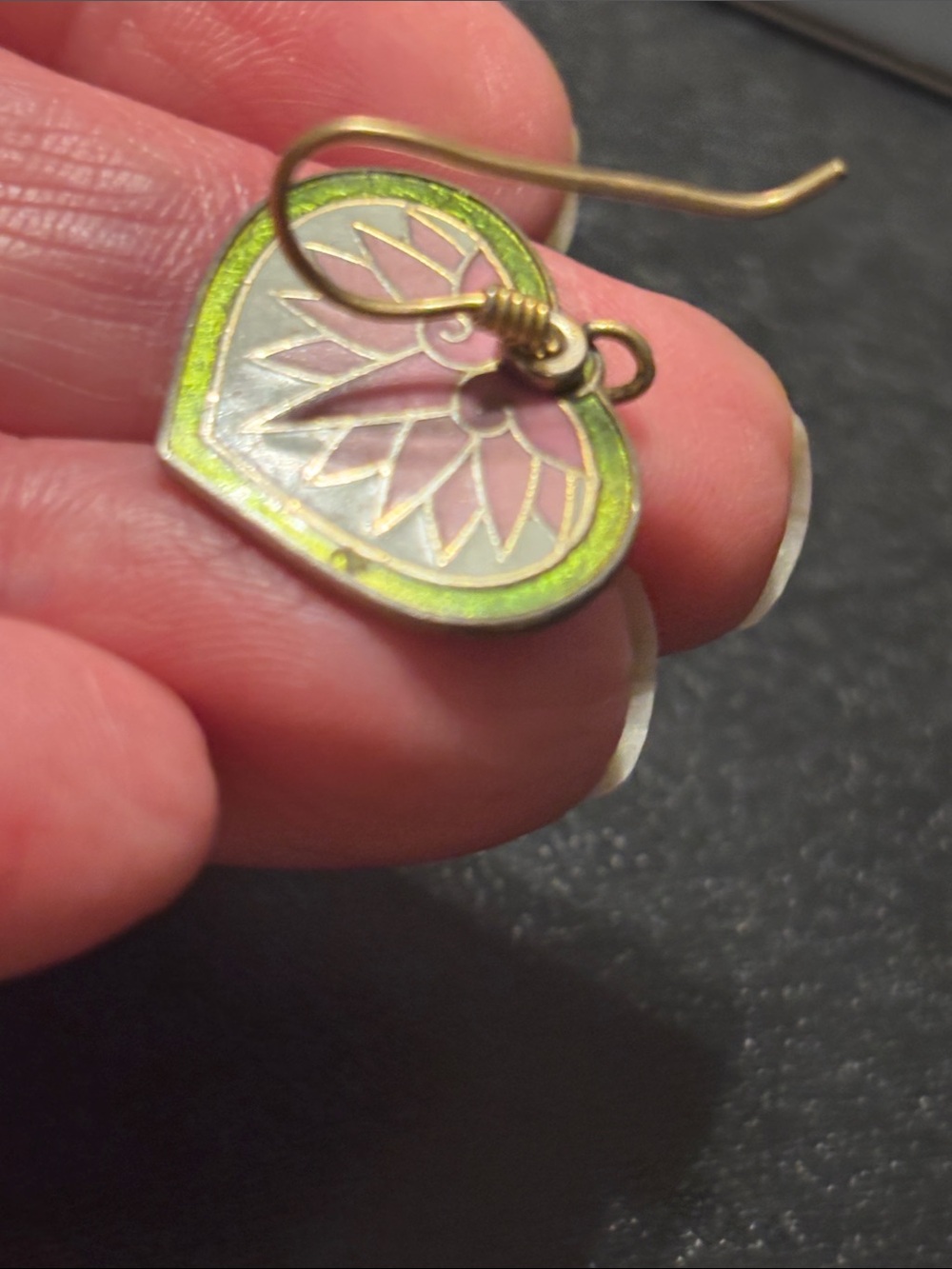 Laurel Burch Pink Green Heart Cloisonne Hollyhock Lotus Flower Enamel Earrings - Picture 6 of 11